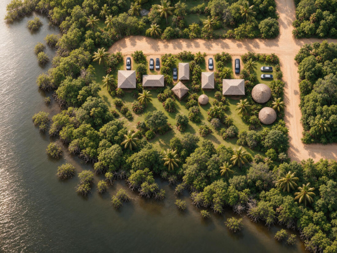 Casas bajas entre palmas y vegetación junto al borde del manglar