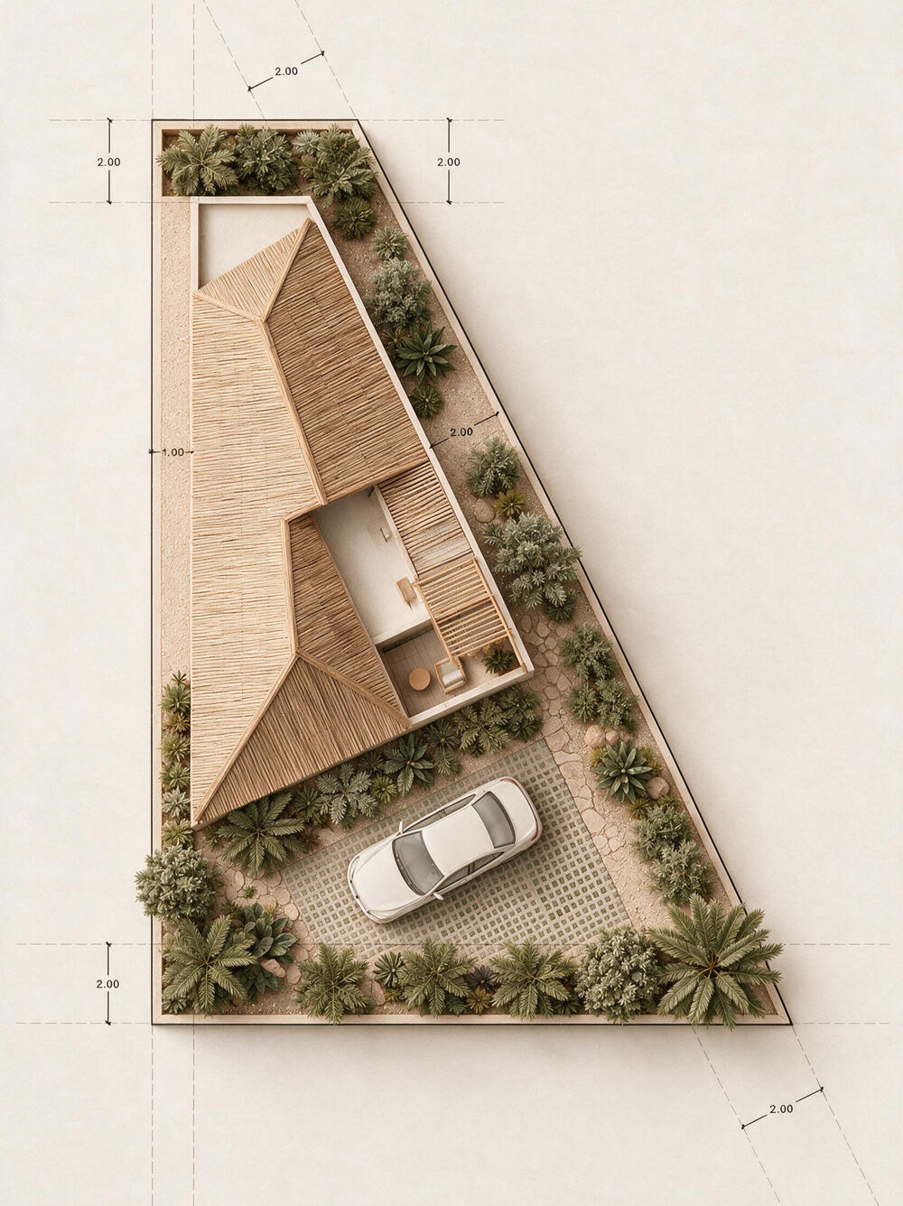 Planta cenital de casa con techo de palma en un lote trapezoidal